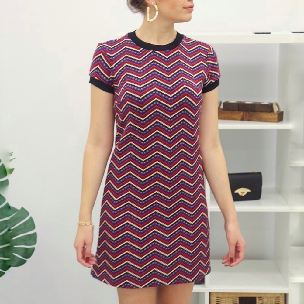 Zara Chevron Pattern Sweater Dress Red White Blue Mini Zipper Back Women's Large